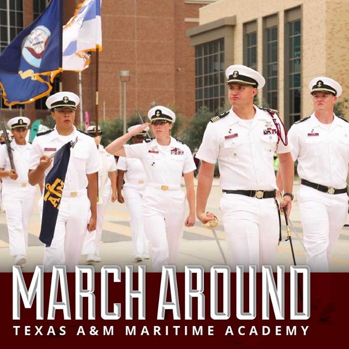 Saturday, the Texas A&M Maritime Academy cadets will join the Aggie Corps in a March-In event around Kyle Field before the Texas A&M v. Arkansas football game. 