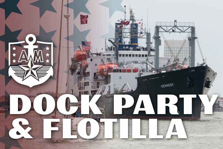Dock Party and Flotilla Text over image of the TS Kennedy