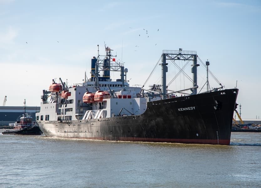 TS Kennedy arrives at the Galveston Campus dock. 