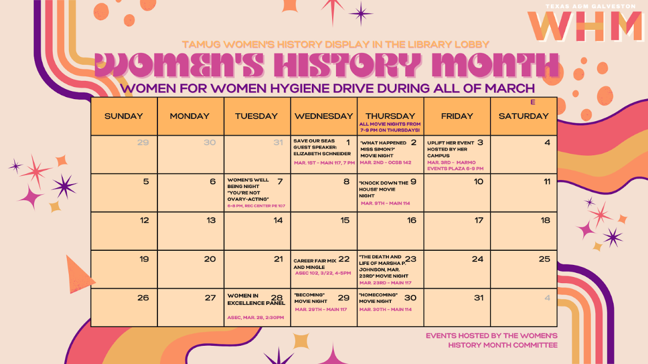 Image is of calendar for Women's History Month programming